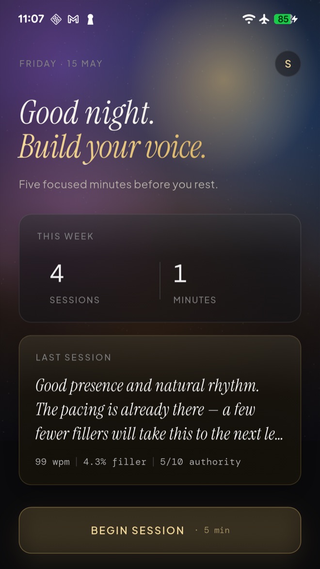 Loquive home screen showing weekly practice stats and last-session feedback: 99 wpm, 4.3% filler, 5/10 authority